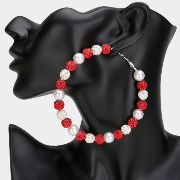 XL 4" Pearl & Shamballa Ball Beaded Oversized Hoop Earrings in Red & White - Picture 1 of 1
